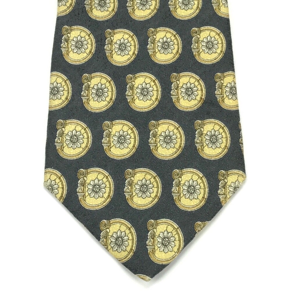 Read - Men's Valentino Gray Yellow Baroque Floral Medallion Motif Tie - Italy